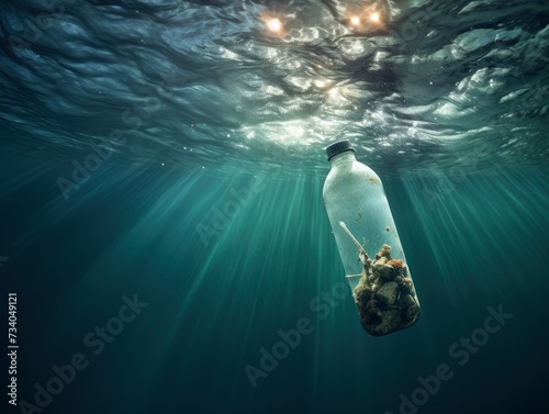 close up of Floating bottle. Problem of plastic pollution under the sea concept, copy space
