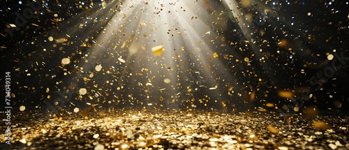 Golden confetti showering down on festive stage with shimmering lights.