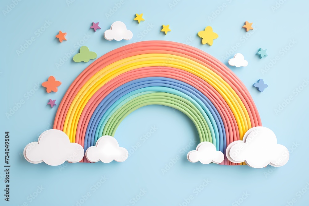 Delightful arrangement of tiny rainbows on a baby blue background, symbolizing joy and positivity in a compact frame. - obrazy, fototapety, plakaty 