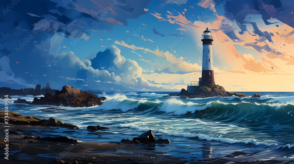 A panoramic view of a vast cobalt blue ocean, with a distant lighthouse standing tall