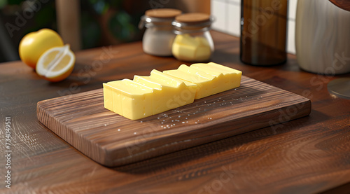 a wooden board with three slices of butter in the sty