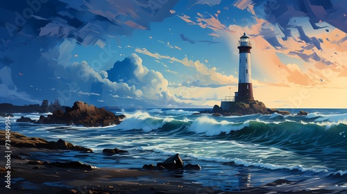 A panoramic view of a vast cobalt blue ocean, with a distant lighthouse standing tall