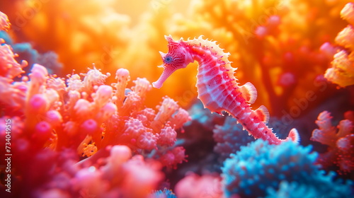 A vivid pink seahorse curls elegantly among the vibrant coral undersea landscape. © weerasak