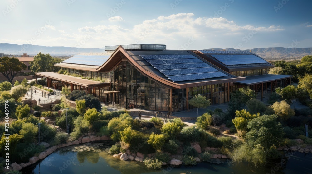 Eco building shopping center in aerial view Solar cel Eco building shopping center in aerial view Solar cel