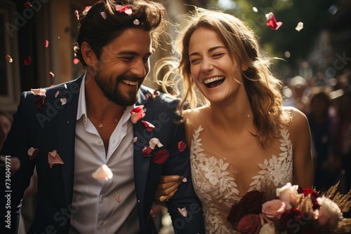 Ein strahlendes Brautpaar auf ihrer Hochzeit. Sie werden von Blütenblättern umgeben, die von den Hochzeitsgästen als Zeichen der Feier und Freude geworfen werden photo