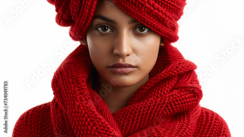 Young Girl In Knitted Wool Jacket On Isolated White Background. Generative Ai