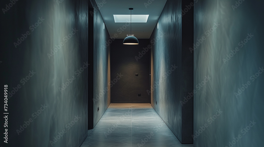 A pristine hallway with a solitary, modern pendant light casting a soft glow. 