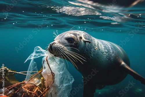 Seal ensnared by plastic trash in the ocean photo