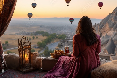 Woman Drinking Tea with Hot Air Balloons in Cappadocia