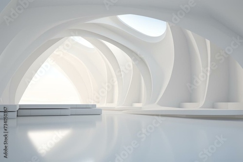 Conceptualized design of a minimalist and ethereal room with abstract white architecture. Generative AI