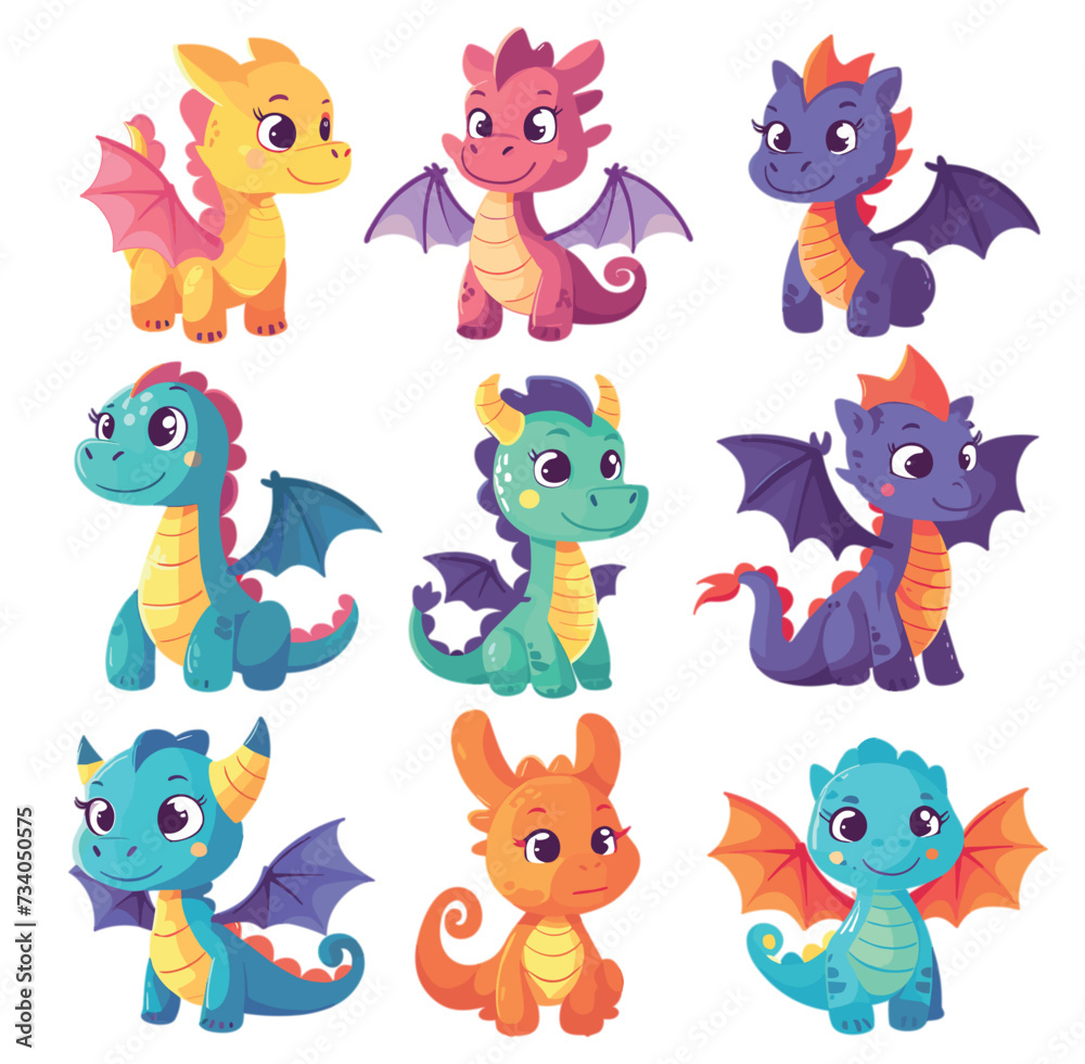 Obraz premium Baby dragons cartoon set. Colored little fairytale monsters in doodle style. Scribble reptiles in various poses. Mythological creatures with wings. Vector collection on white background