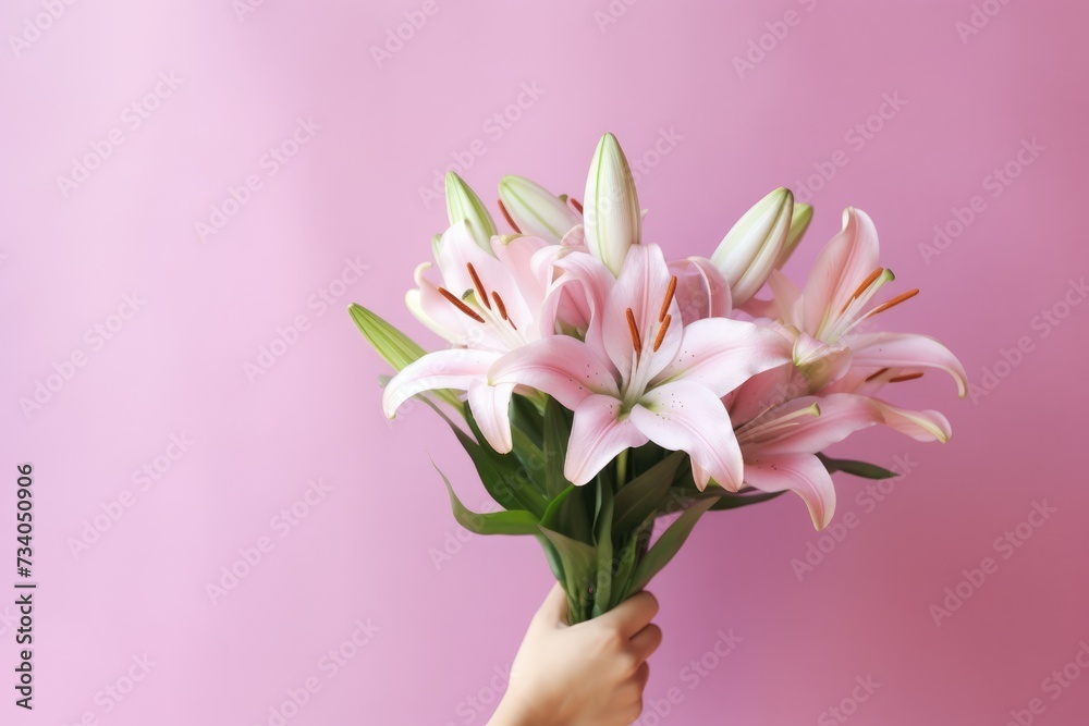 Close up hand tenderly holding a vibrant bouquet of lilies, exuding a cheerful and loving atmosphere against a pink background