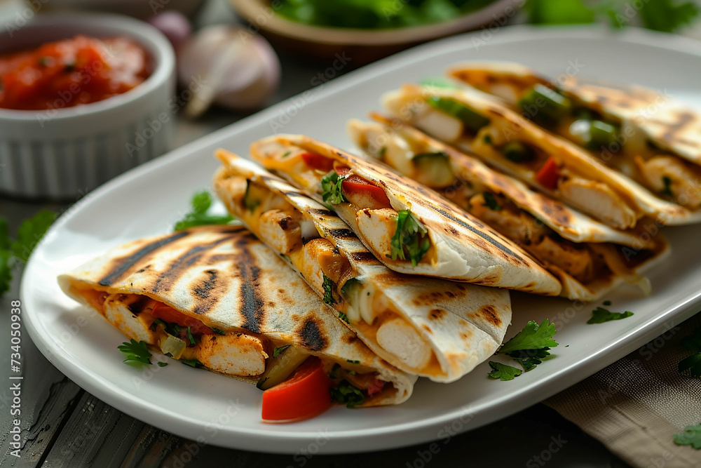 Mexican quesadillas with chicken meat, cheese and vegetables