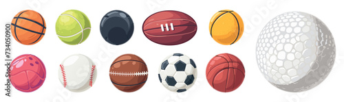 Balls for different sports activities, vector set. Stuff for tennis, golf, rugby, basketball, volleyball, baseball, football, billiard ball. Cartoon elements, detailed design isolated on white photo