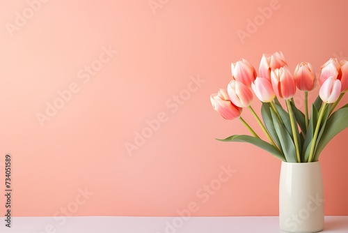 HD photograph capturing the elegance of tulips against a soft coral backdrop, offering a clean slate for text creativity.