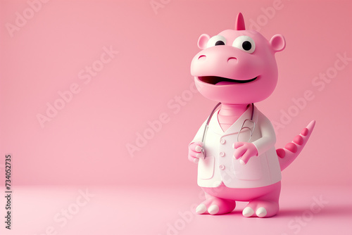 Cute 3D Cartoon T-Rex  Adorable Pink Dinosaur in Doctor Uniform Isolated on Pink Background.