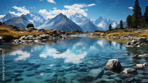 A panoramic view of a tranquil turquoise blue lake, with jagged peaks of the surrounding mountains piercing the clear blue sky
