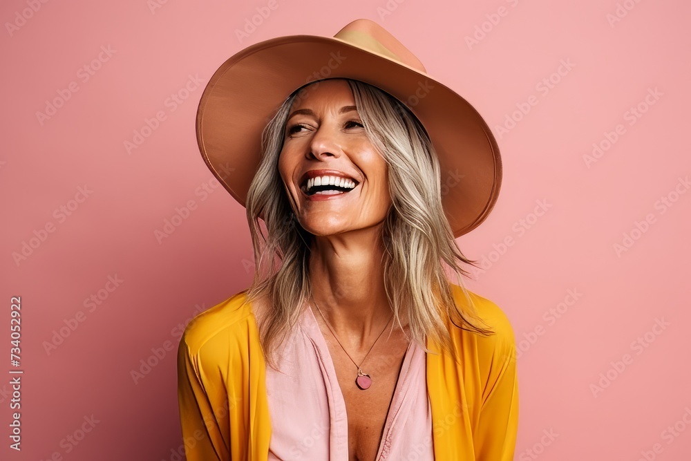 Portrait of a beautiful woman in a hat on a pink background Portrait of a beautiful woman in a hat on a pink background