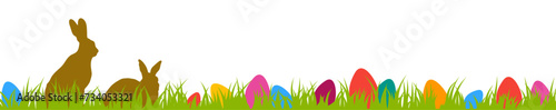 Easter banner, bunny border, colorful eggs on the grass