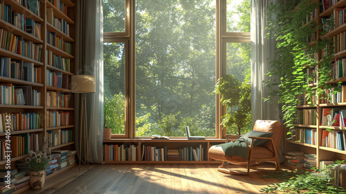 A sunlit reading corner with a minimalist bookshelf and a single  comfortable armchair. 