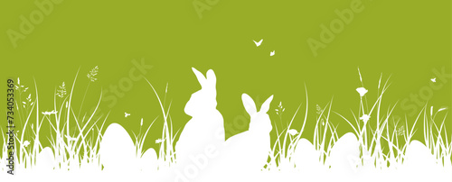 Easter background, Easter banner, bunny and egg on grass