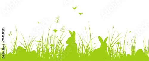 Easter banner, Easter background, bunny and egg on the grass