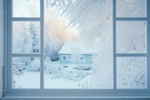 Scenic view of snow-covered houses and winter landscape through a window at Christmastime. Generative AI