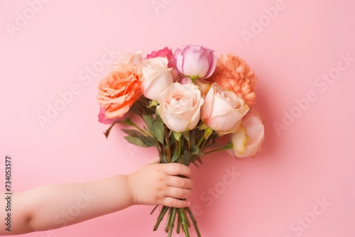 Wallpaper Mural small child's hand clutching a delicate bouquet of colored roses against a pastel pink background, gift for mother's day Torontodigital.ca