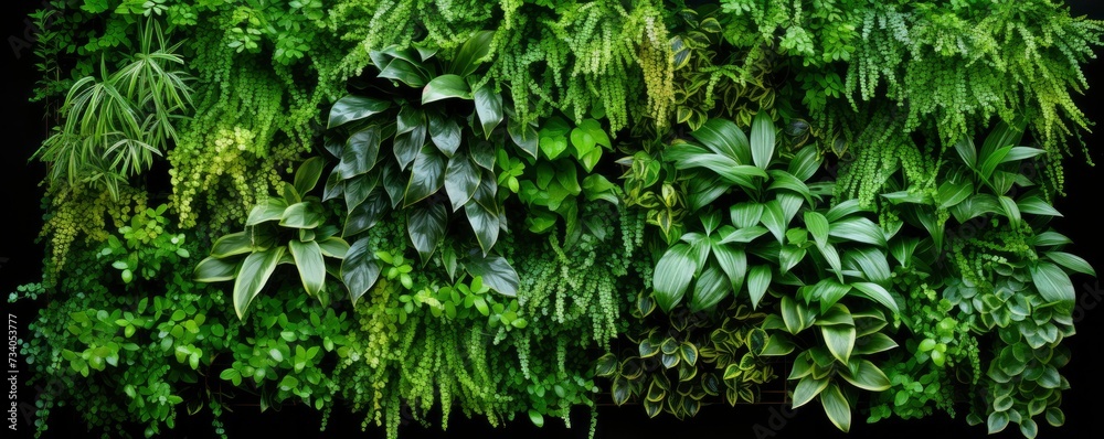 Obraz premium Green living wall with perennial plants in modern office. Urban gardening landscaping interior design. Fresh green vertical plant wall inside office