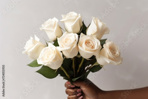 Close up African American woman's hand delicately holding a bouquet of ivory roses, set against a neutral background © gankevstock