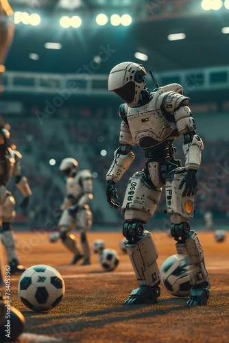 Robots playing soccer on the stadium