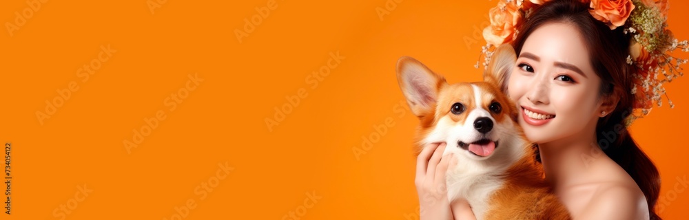 In the image, a smiling woman with flowers in her hair is holding a happy-looking corgi close to her cheek. Both are set against a vibrant orange background that enhances the warmth of the scene. The In the image, a smiling woman with flowers in her hair is holding a happy-looking corgi close to her cheek. Both are set against a vibrant orange background that enhances the warmth of the scene. The