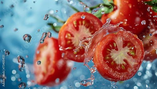 Flying Fresh Tomatoes with Water Splashes on Blue Background © kilimanjaro 