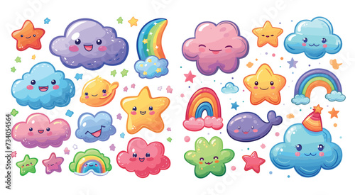 Clouds kawaii cartoon illustration, cute magic doodle style, hand drawn funny child art design. Splendid vector kid concept isolated on white background