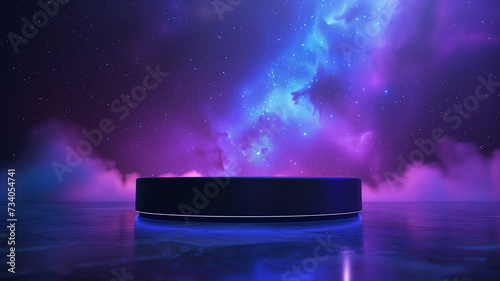 An empty black podium against the backdrop of blue purple outer space. for product display, Blank showcase, mock up template or cosmetic presentation