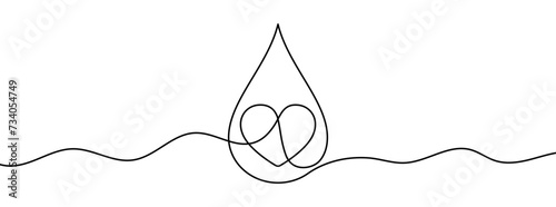 Continuous editable line drawing of water drop and heart shape. Single line water drop icon.