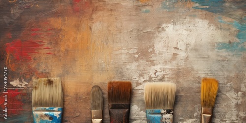 Grunge texture background with aged, damaged paintbrushes, copy space