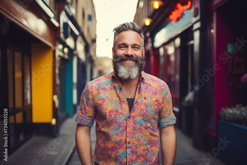 Portrait of a handsome bearded hipster man with long gray beard and mustache in the city