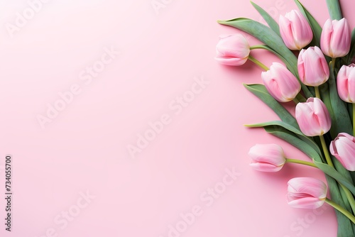 High-quality image capturing the top view of tulips in full bloom on a pastel pink background  offering a seamless area for text integration.