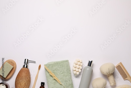 Bath accessories. Different personal care products and dry spikelet on white background, flat lay with space for text