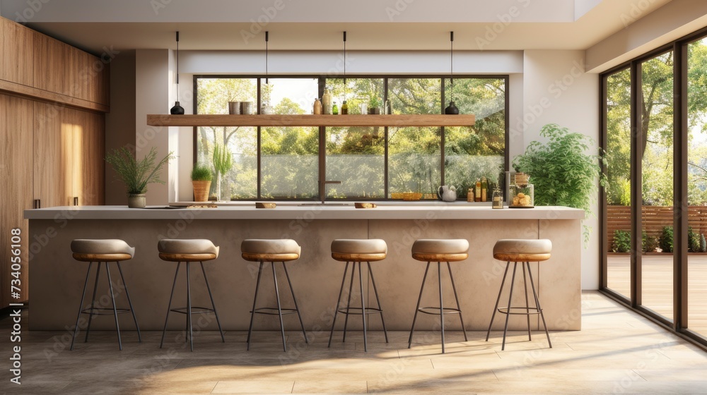 Fototapeta premium Home kitchen interior with bar counter and seats, cabinet and panoramic window, copy space