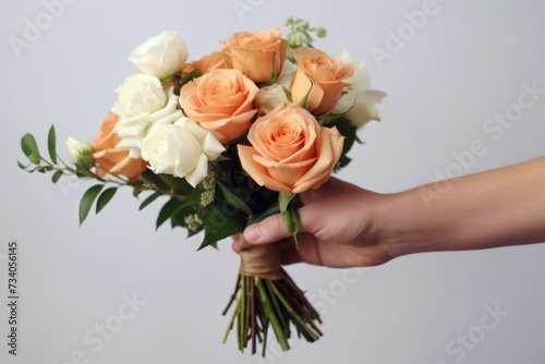 outstretched hand presents a bouquet of ivory and peach roses, conveying warmth and gentleness on a muted background