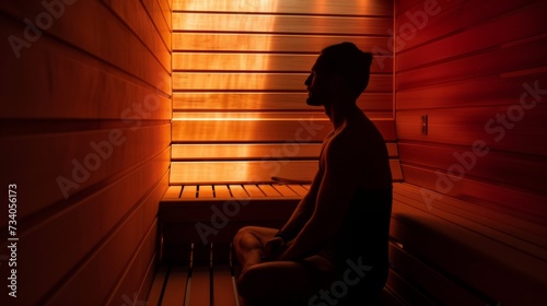Man meditating in a sauna, surrounded by gentle light and warmth, embodying a peaceful and mindful wellness routine