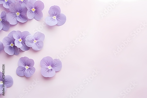 High-quality image showcasing top view of delicate violets on a pastel background  designed for text overlay.