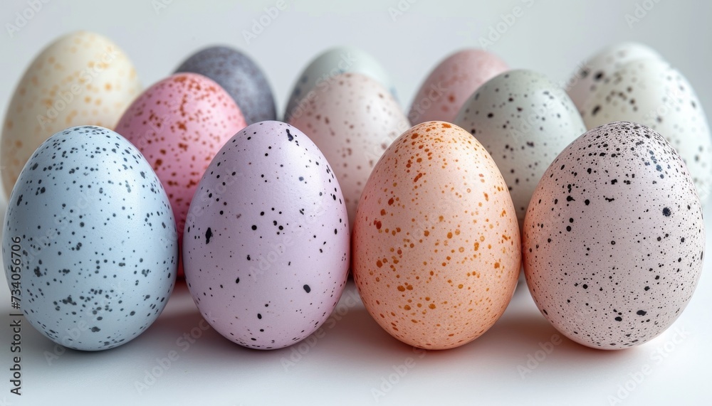 Collection of speckled Easter eggs in soft pastel shades. Array of hand-painted Easter eggs with speckled patterns.