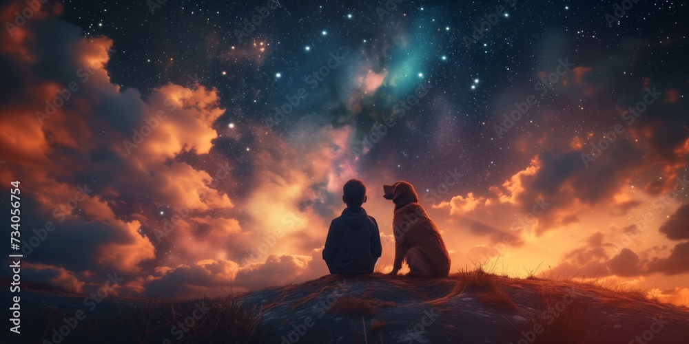 A Boy Sits With His Dog On A Hill, Gazing At A Starfilled Sky. Concept Starry Night, Boy And Dog, Hilltop Connection, Sky Gazing, Love And Serenity
