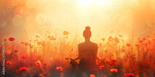 A Blissful Woman Immerses In A Sunlit Meadow, Embracing Serenity And Rejuvenation. Concept Sunflower Fields, Outdoor Yoga Session, Nature Meditation, Mindfulness In Nature, Nature-Inspired Self-Care