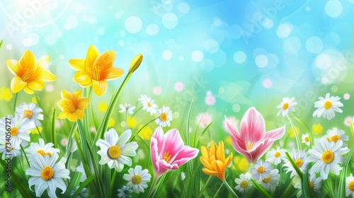 Illustration of sunny meadow with fresh daisies and tulips in full bloom. Vibrant springtime garden scene with a mix of tulips and wildflowers. © Irina.Pl