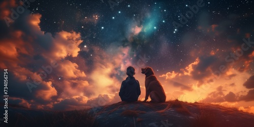 A Boy Sits With His Dog On A Hill, Gazing At A Starfilled Sky. Concept Starry Night, Boy And Dog, Hilltop Connection, Sky Gazing, Love And Serenity