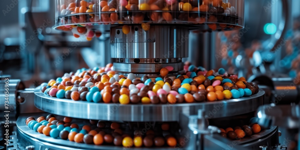 Capturing The Prominent Features Of A Robotized Candy Production Machine In A Factory Through A Closeup Image. Concept Closeup Industrial Photography, Robotized Candy Production, Factory Machinery